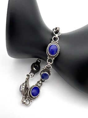 Sterling Silver 925 Bracelet with Lapis Blue Cabochons 8 inch